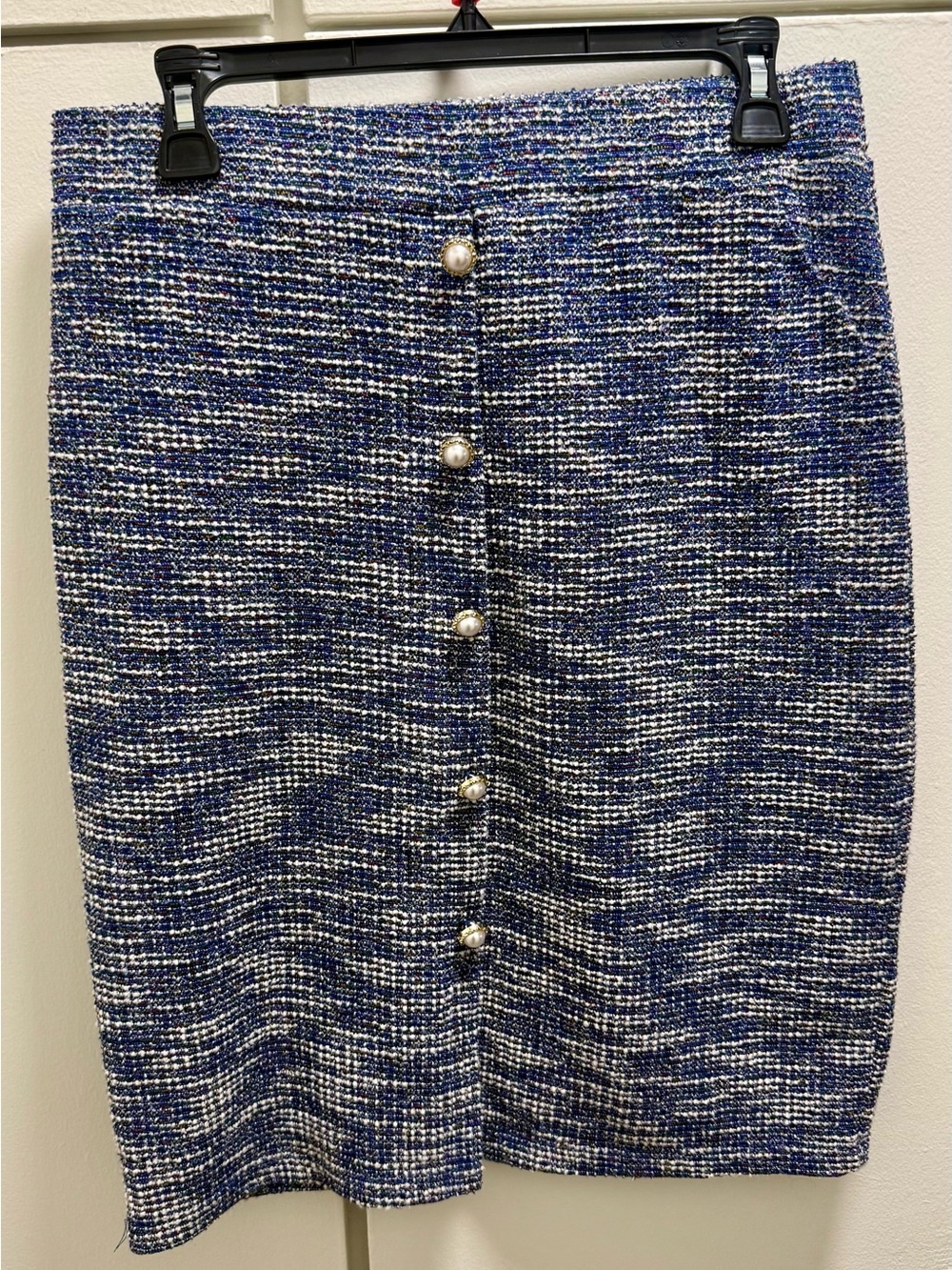 Blue Tweed Pearl-Button Pencil Skirt